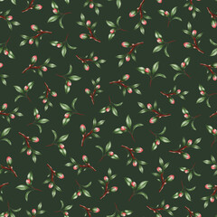 Fototapeta premium Seamless pattern with watercolor sakura buds and small leafy branches arranged in a denser composition on a deep green background, creating a rich and decorative botanical look. Perfect for textiles, 
