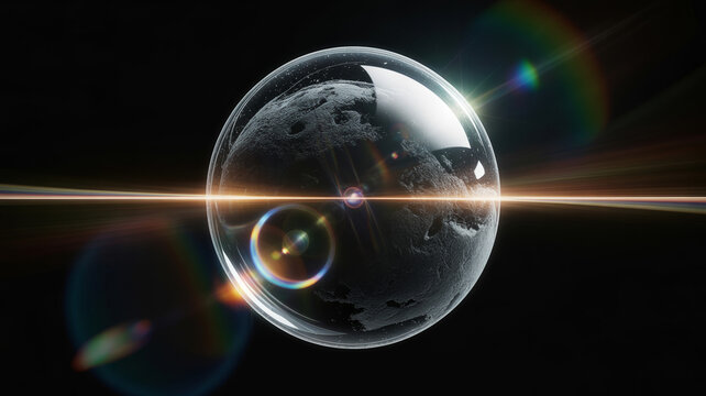 Close-up of a crystal ball with light refraction and reflection, reflective surf