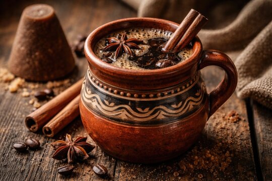 Artisan clay jarrito containing spiced Mexican coffee with piloncillo and cinnamon displayed on a rustic wood plank