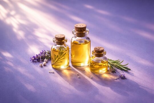 Glowing essential oil flacons under sun rays on a smooth Very Peri backdrop offering copy space