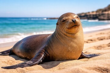 Obraz premium content pet sea lion relaxing on warm sand with summer daylight