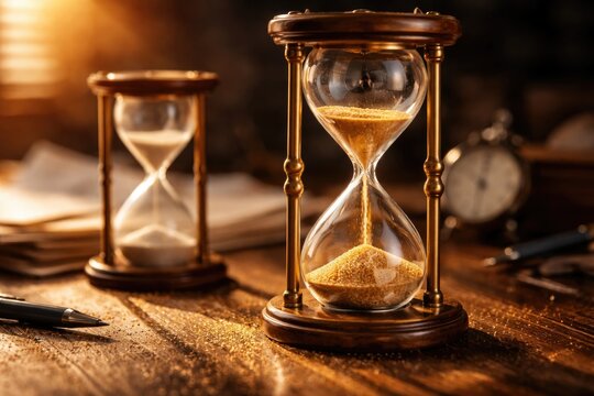 Last moments of time captured by sandglass and egg timer on wooden floor for business urgency