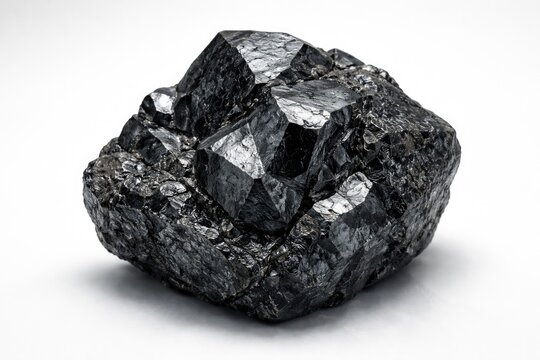 Natural magnetite stone with distinct metallic texture and crystalline features on clean white backdrop