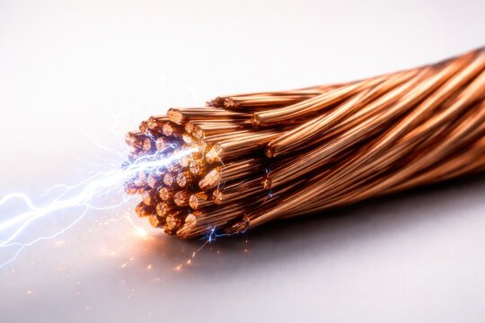 Illustration of electrical conductivity through copper wire strands on plain white surface