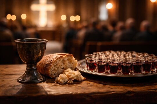 Church ceremony of taking communion with wine and bread displayed on wooden table