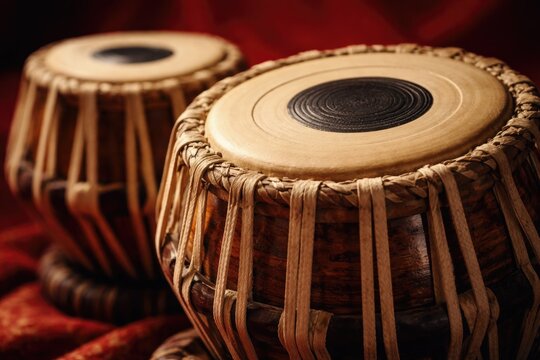 Intimate close up of hand drums known as tablas with a red background
