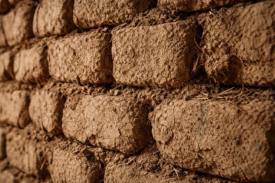 Heritage mud adobe brick wall with rough surface detail