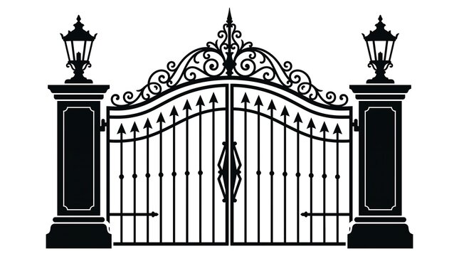 Black iron gate with decorative design and lanterns on pillars entrance