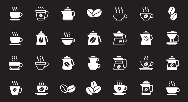 White coffee cups teapots coffee beans and pour over brewer on black background coffee mug coffee pot