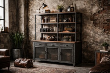 Fototapeta premium Industrial iron furniture piece in loft environment beside aged wall