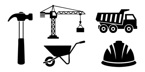 Construction workers use a crane, hammer, and truck on a site © Dhani