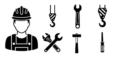 A worker wearing a hard hat stands with various tools including wrenches and hooks. © Dhani