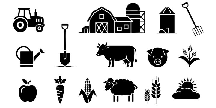 Farm icons show tractor, barn, cow, and various plants and tools