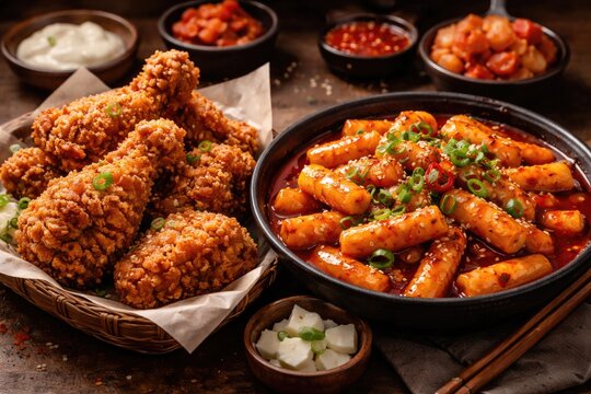 Crispy fried chicken and spicy tteokbokki rice cakes Korean snack combo