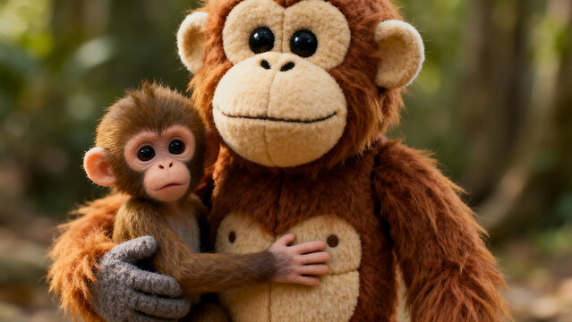 Adorable Mother and Baby Monkey Plush Toys in Forest Setting.
