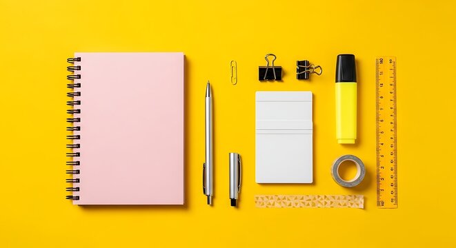 Stationery collection on yellow background notebook pens highlighters and ruler