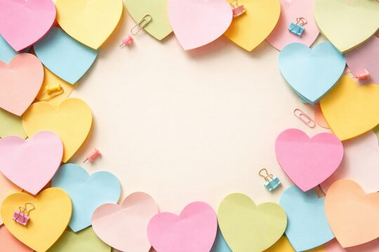 Background of heart shaped sticky notes featuring copy space for text insertion