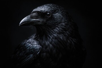 Obraz premium Close up of a shiny black crow in a moody dark portrait with black backdrop