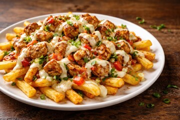 Fototapeta premium Loaded fries topped with tender chicken chunks and creamy mayonnaise served on white plate with copy space