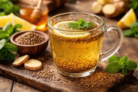 Detoxifying cumin seed tea in transparent glass mug for diet support