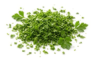 Obraz premium Chopped bright parsley leaves isolated on a white backdrop with fresh herb details