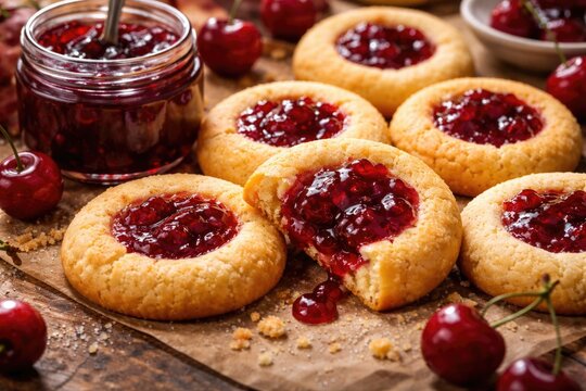 Homemade cookies bursting with vibrant cherry jam center
