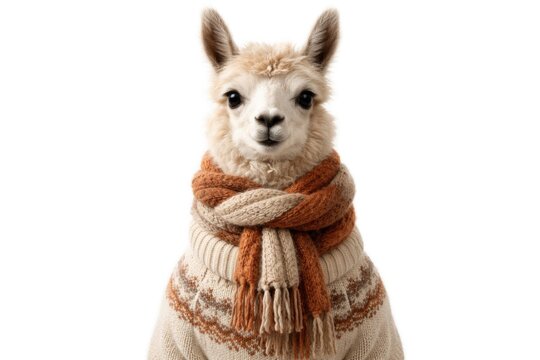 Endearing image of a sweater clad llama with a snug scarf isolated on pure white