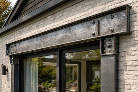 Detailed view of steel beam lintel on upgraded house exterior showcasing material texture