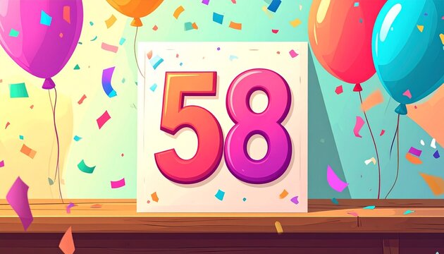 Birthday or anniversary card with number 58. Cartoon illustration with bright colors and balloons