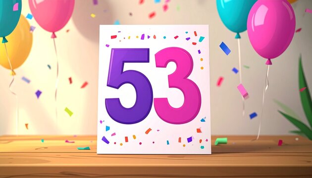 Birthday or anniversary card with number 53. Cartoon illustration with bright colors and balloons