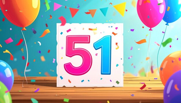 Birthday or anniversary card with number 51. Cartoon illustration with bright colors and balloons