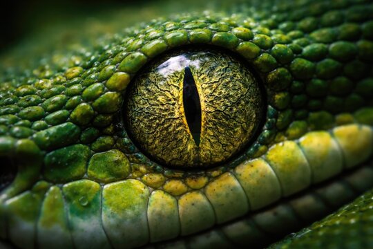 Focused photograph capturing the mesmerizing eye of a green tree python