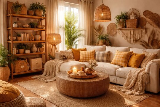 Inviting living room decorated in boho theme with bamboo shelving and warm yellow plaid cushions