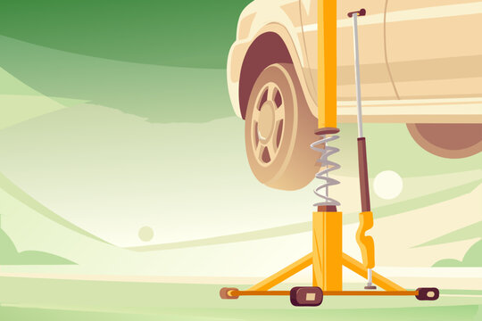 Suspension Repair With Car Lifted And Mechanic Adj