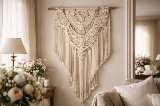 Cotton thread macrame wall decor emphasizing handcrafted quality for refined wedding and living spaces