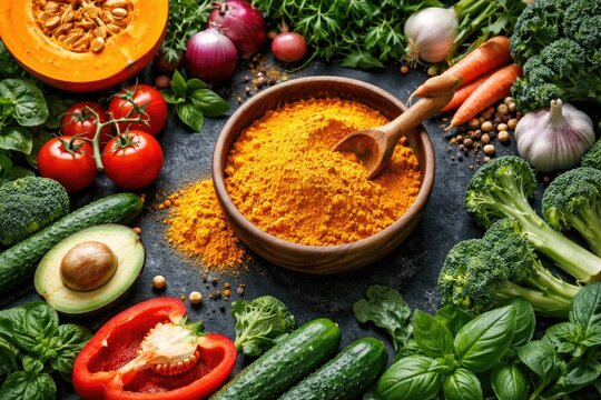 Assorted fresh veggies alongside dried pumpkin powder on a black textured paper background