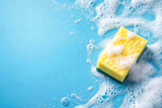 Cleaning concept banner with a sponge and soap foam on blue background from top perspective including copy space