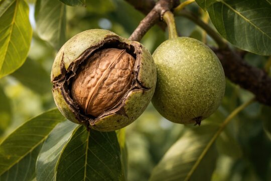Natural walnut fruit with outer shell on tree branch