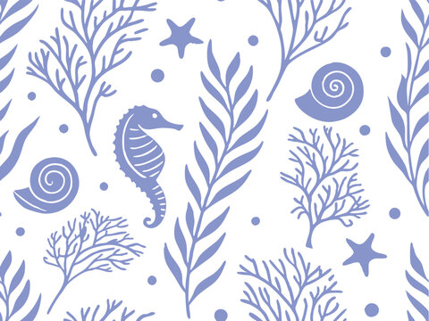 Seamless ocean pattern with seahorse shells seaweed and coral in blue tones. Marine design ideal for fabric wallpaper beach themes and underwater backgrounds. Clean vector illustration.
