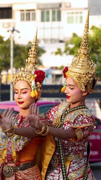 Two Thai Khon Dancers Perform Traditional Classical Dance in Bangkok