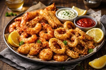 Fototapeta premium Crispy fried mixed seafood served on rustic plate