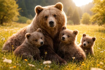 Fototapeta premium Cute brown bear family enjoying sunny meadow