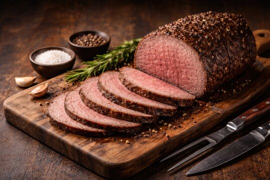 Full view of sliced round beef eye roast on wooden board with copy space