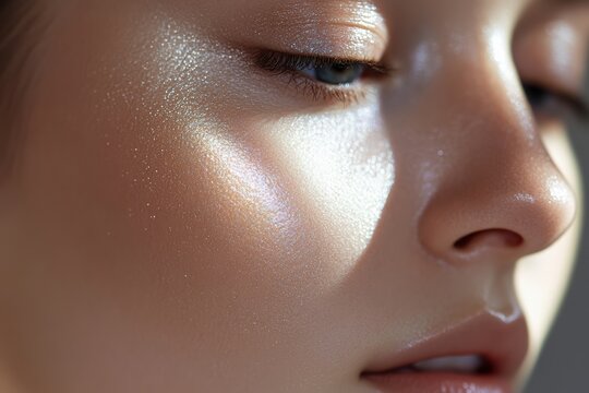 Dewy highlighter shines on cheekbones in studio light during a beauty session at home