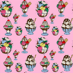 Fototapeta premium Fun Pattern of Colorful Ice Cream Sundaes on Pink Background