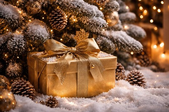 Christmas celebration with gold box by snow dressed tree