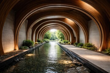 Obraz premium Balanced composition of water and wood in a modern architectural tunnel design