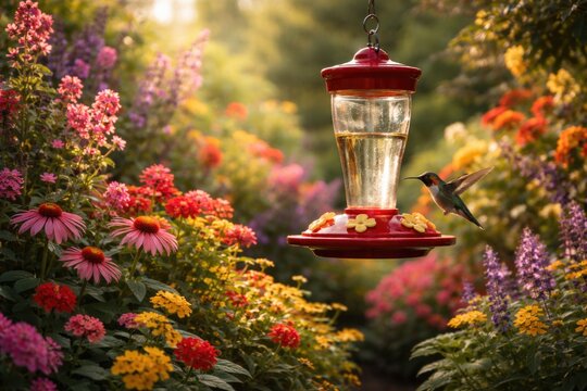 Classic hummingbird feeder amidst densely blossoming garden plants
