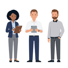 Fototapeta premium Three Diverse Office Professionals with Clipboard and Tablet in Business Casual Attire Flat Design Vector Illustration on Transparent Background