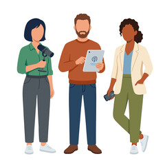 Fototapeta premium Three Diverse Podcast Hosts with Microphone Tablet and Phone Standing Ready to Record in Flat Style Vector Illustration on Transparent Background